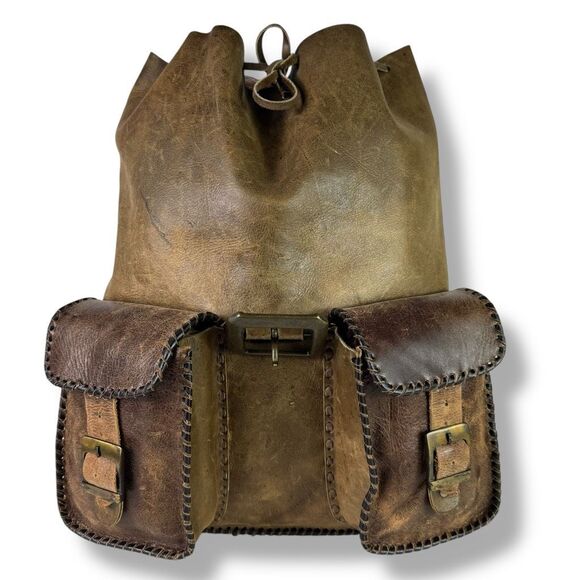 Vintage Handbags - Vintage Distressed Handmade Rugged Rustic Soft Brown Tan Leather Backpack Bag